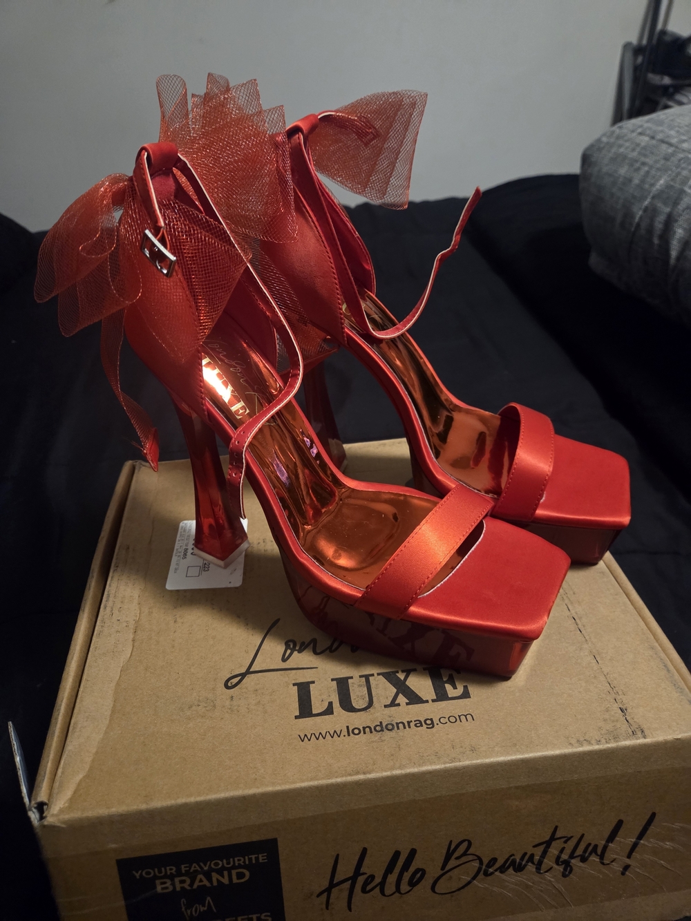 Red Platform Ankle-Strap Heels with Tulle Accent